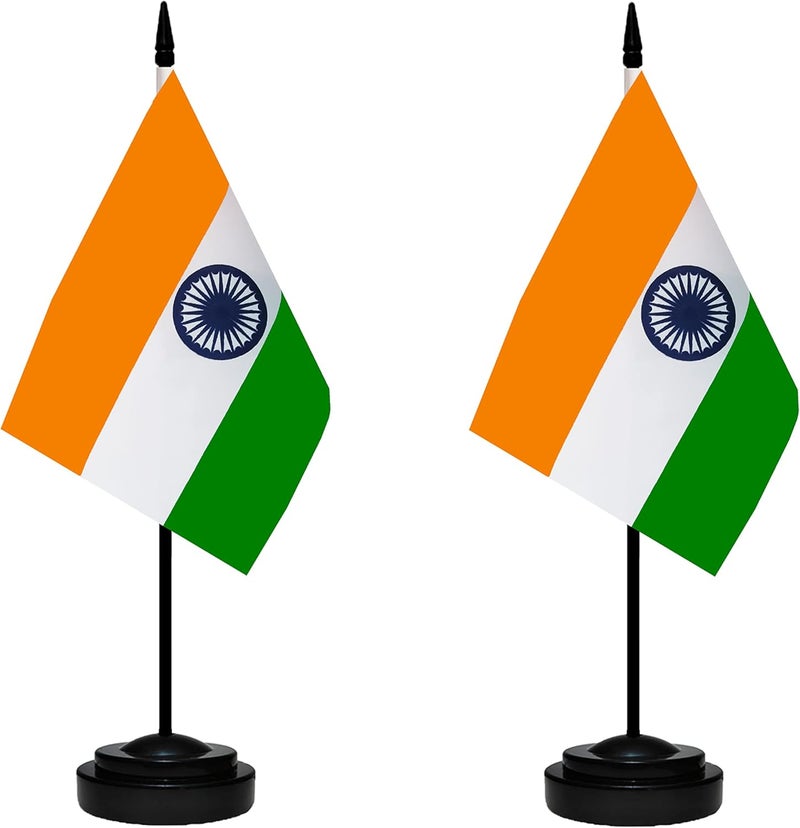 tibijoy India Indian Deluxe Desk Flag Set Small Mini Miniature India Indian Table Desktop Flags With Solid Pole, Black Base and Spear Top(2 Pack) - Image 1